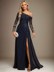 Trumpet/Mermaid Asymmetrical Illusion Floor-Length Lace Chiffon Evening Dress With Sequins