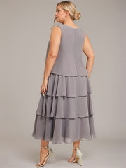 A-line Scoop Tea-Length Chiffon Mother of the Bride Dress With Cascading Ruffles