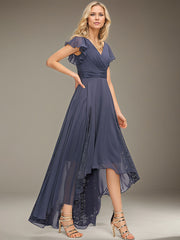 A-line V-Neck Asymmetrical Lace Chiffon Cocktail Dress With Pleated