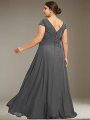 A-line V-Neck Floor-Length Chiffon Lace Mother of the Bride Dress With Sequins Beading Pleated