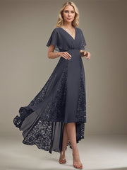 A-line V-Neck Asymmetrical Lace Chiffon Mother of the Bride Dress With Pleated