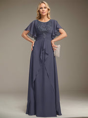 A-line Scoop Floor-Length Lace Chiffon Mother of the Bride Dress With Pleated