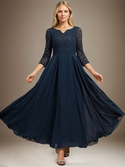 A-line V-Neck Ankle-Length Chiffon Lace Mother of the Bride Dress With Rhinestone