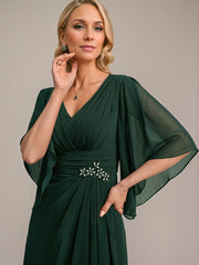 Sheath/Column V-Neck Floor-Length Chiffon Mother of the Bride Dress With Pleated Sequins Beading