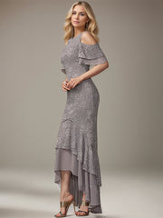 Trumpet/Mermaid Cold Shoulder Scoop Asymmetrical Lace Chiffon Mother of the Bride Dress With Ruffle