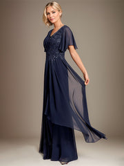 A-line V-Neck Floor-Length Lace Chiffon Mother of the Bride Dress With Cascading Ruffles Sequins