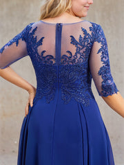 A-line Scoop Illusion Tea-Length Lace Chiffon Mother of the Bride Dress With Sequins