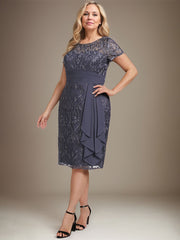 Sheath/Column Scoop Illusion Knee-Length Lace Chiffon Mother of the Bride Dress With Cascading Ruffles Sequins