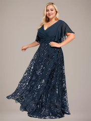 A-line V-Neck Floor-Length Lace Sequin Chiffon Mother of the Bride Dress With Pleated