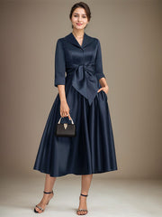 A-line V-Neck Collared Tea-Length Satin Mother of the Bride Dress