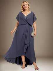 A-line V-Neck Asymmetrical Chiffon Mother of the Bride Dress With Sequins Beading Cascading Ruffles