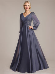 A-line V-Neck Floor-Length Chiffon Mother of the Bride Dress With Sequins Appliques Lace Pleated