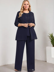 Separates Pantsuit Scoop Floor-Length Lace Chiffon Mother of the Bride Dress With Sequins