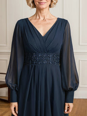 A-line V-Neck Ankle-Length Chiffon Mother of the Bride Dress With Cascading Ruffles Beading Sequins