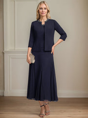 Separates A-line Scoop Tea-Length Chiffon Mother of the Bride Dress With Sequins Beading