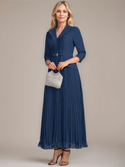 A-line Collared V-Neck Ankle-Length Chiffon Mother of the Bride Dress With Beading Pleated