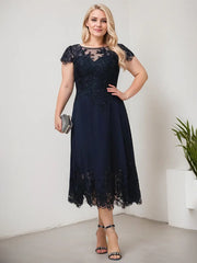 A-line Scoop Illusion Tea-Length Lace Chiffon Mother of the Bride Dress With Sequins