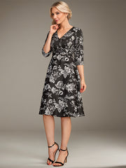 A-line V-Neck Knee-Length Jacquard Floral Mother of the Bride Dress