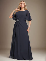 A-line Scoop Floor-Length Chiffon Mother of the Bride Dress With Cascading Ruffles Beading Sequins