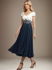 A-line V-Neck Tea-Length Satin Chiffon Mother of the Bride Dress With Appliques Lace
