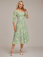 A-line V-Neck Tea-Length Chiffon Mother of the Bride Dress With Pleated