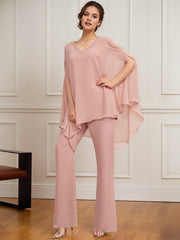 Separates Jumpsuit/Pantsuit V-Neck Floor-Length Chiffon Mother of the Bride Dress With Beading