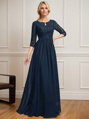 A-line Scoop Floor-Length Lace Chiffon Mother of the Bride Dress With Crystal Brooch Sequins