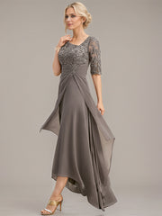 A-line Asymmetrical Asymmetrical Lace Chiffon Mother of the Bride Dress With Pleated Sequins