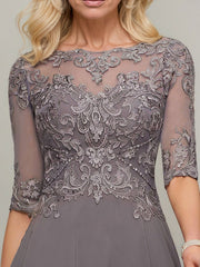 A-line Illusion Boat Neck Asymmetrical Chiffon Lace Mother of the Bride Dress With Sequins Beading