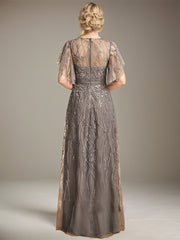 A-line Illusion Scoop Floor-Length Lace Mother of the Bride Dress With Sequins