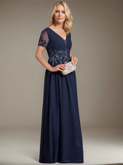 A-line V-Neck Floor-Length Chiffon Mother of the Bride Dress With Appliques Lace