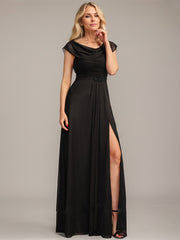 A-line Scoop Floor-Length Mesh Mother of the Bride Dress With Pleated Beading