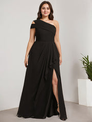 Sheath/Column Cold Shoulder One Shoulder Floor-Length Chiffon Evening Dress With Cascading Ruffles