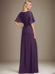 A-line V-Neck Floor-Length Chiffon Mother of the Bride Dress With Sequins Appliques Lace Pleated