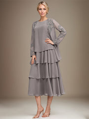 A-line Scoop Tea-Length Chiffon Mother of the Bride Dress With Cascading Ruffles