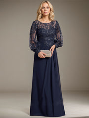 Sheath/Column Scoop Illusion Floor-Length Lace Chiffon Mother of the Bride Dress With Pleated Sequins