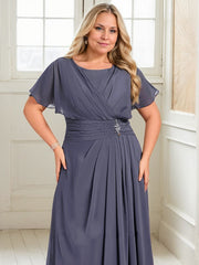 A-line Scoop Floor-Length Chiffon Mother of the Bride Dress With Pleated Beading