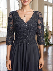 A-line V-Neck Floor-Length Lace Chiffon Mother of the Bride Dress With Sequins