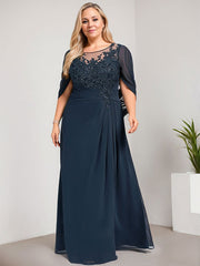 A-line Scoop Illusion Floor-Length Lace Chiffon Mother of the Bride Dress With Sequins Pleated