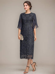Sheath/Column Scoop Tea-Length Lace Chiffon Mother of the Bride Dress