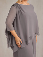 Separates Jumpsuit/Pantsuit Scoop Floor-Length Chiffon Mother of the Bride Dress With Beading