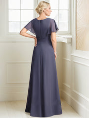 A-line Scoop Floor-Length Chiffon Mother of the Bride Dress With Pleated Beading