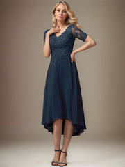 A-line V-Neck Asymmetrical Lace Chiffon Mother of the Bride Dress With Sequins