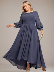 A-line Scoop Asymmetrical Chiffon Mother of the Bride Dress With Pleated Appliques Lace