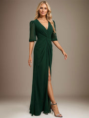 A-line V-Neck Floor-Length Chiffon Evening Dress With Pleated