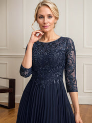 A-line Scoop Illusion Tea-Length Lace Chiffon Mother of the Bride Dress With Sequins Pleated