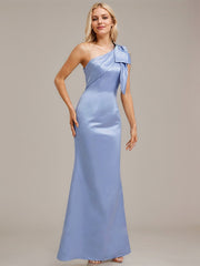 Sheath/Column One Shoulder Floor-Length Satin Evening Dress With Bow Pleated
