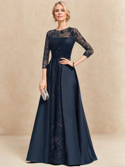 A-line Scoop Illusion Floor-Length Satin Lace Evening Dress With Sequins