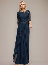 A-line Scoop Floor-Length Lace Chiffon Mother of the Bride Dress With Cascading Ruffles Sequins