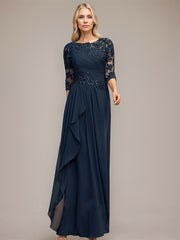 A-line Scoop Floor-Length Lace Chiffon Mother of the Bride Dress With Cascading Ruffles Sequins